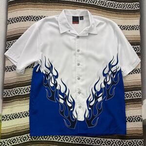 Men's Vintage Y2k C-Two White Blue Flames Button Up Short Sleeve Shirt Sz XL VTG